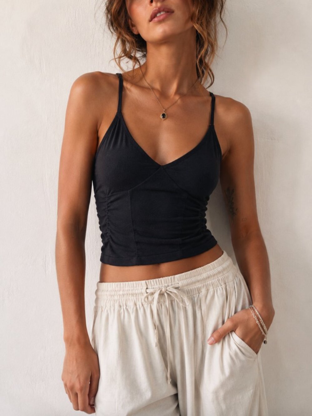 Free People Movement Black Ruched Side Crop Top Tank M / L